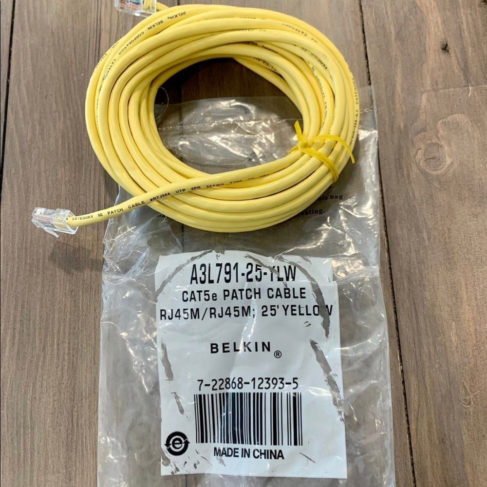 Computer extension cord. Belkin, 25 ft yellow cat5e patch cable cord.
